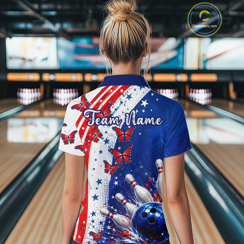 American Flag Butterfly Custom Patriotic Bowling Shirts For Women, Bowling League Shirts NBT973