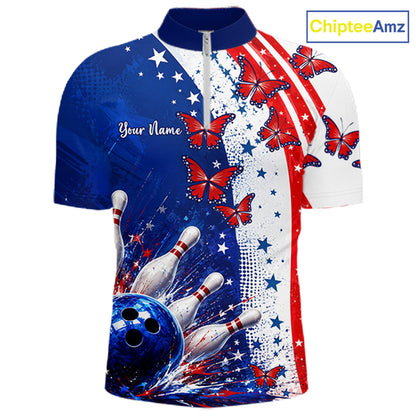 American Flag Butterfly Custom Patriotic Bowling Shirts For Men, Bowling League Shirts NBT973