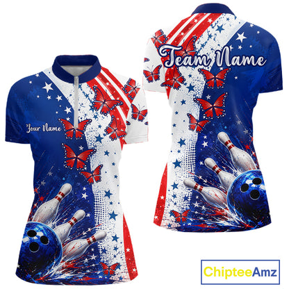 American Flag Butterfly Custom Patriotic Bowling Shirts For Women, Bowling League Shirts NBT973