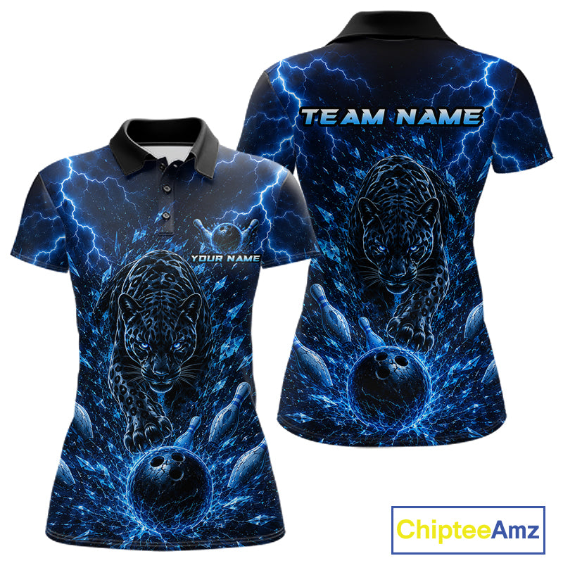 Custom Blue Thunder Lightning Leopard Women Bowling Shirts, Thunder Bowling Team Shirts NBT974