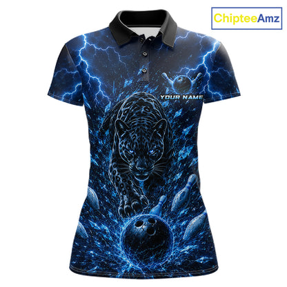 Custom Blue Thunder Lightning Leopard Women Bowling Shirts, Thunder Bowling Team Shirts NBT974