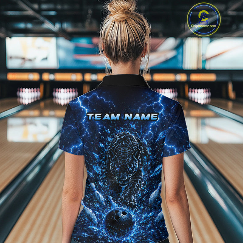 Custom Blue Thunder Lightning Leopard Women Bowling Shirts, Thunder Bowling Team Shirts NBT974