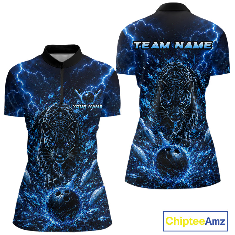 Custom Blue Thunder Lightning Leopard Women Bowling Shirts, Thunder Bowling Team Shirts NBT974