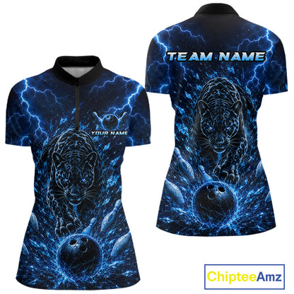 Custom Blue Thunder Lightning Leopard Women Bowling Shirts, Thunder Bowling Team Shirts NBT974