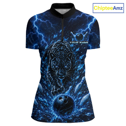 Custom Blue Thunder Lightning Leopard Women Bowling Shirts, Thunder Bowling Team Shirts NBT974