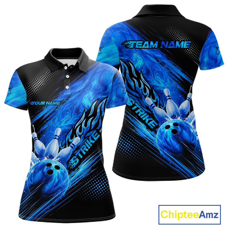 Blue Neon Strike Bowling Polo & 1/4 Quarter Zip Shirts For Women, Custom Bowling Team Shirts NBT975