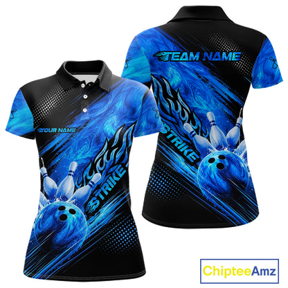 Blue Neon Strike Bowling Polo & 1/4 Quarter Zip Shirts For Women, Custom Bowling Team Shirts NBT975