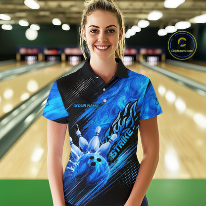 Blue Neon Strike Bowling Polo & 1/4 Quarter Zip Shirts For Women, Custom Bowling Team Shirts NBT975