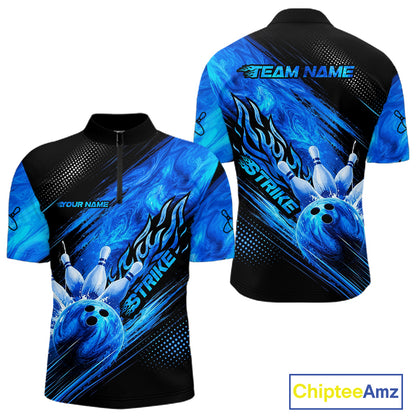 Blue Neon Strike Bowling Polo & 1/4 Quarter Zip Shirts For Men, Custom Bowling Team Shirts NBT975