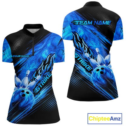 Blue Neon Strike Bowling Polo & 1/4 Quarter Zip Shirts For Women, Custom Bowling Team Shirts NBT975