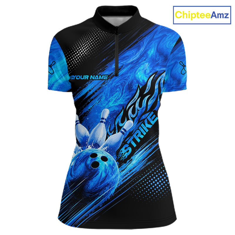 Blue Neon Strike Bowling Polo & 1/4 Quarter Zip Shirts For Women, Custom Bowling Team Shirts NBT975