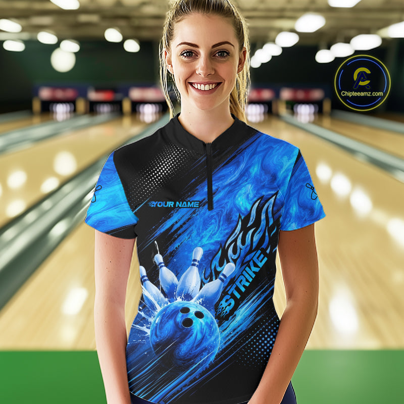 Blue Neon Strike Bowling Polo & 1/4 Quarter Zip Shirts For Women, Custom Bowling Team Shirts NBT975