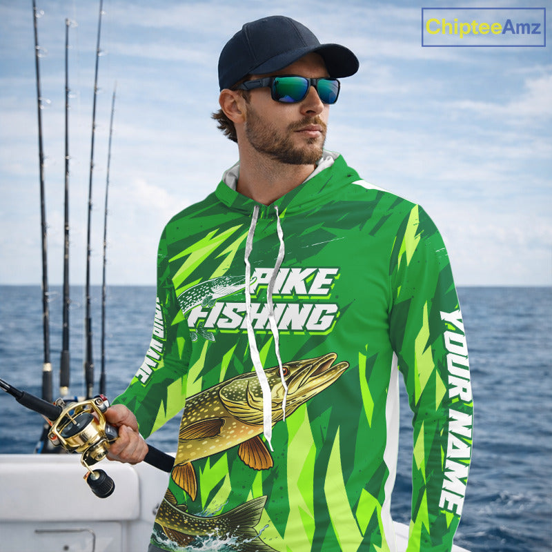 Pike Fishing Shirt Long Sleeve Hooded Green Camo Custom Name, Pike Fishing Jerseys For Men NBT408