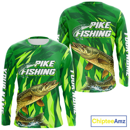 Pike Fishing Shirts Long Sleeve Green Camo Custom Name, Pike Fishing Jerseys For Men NBT408