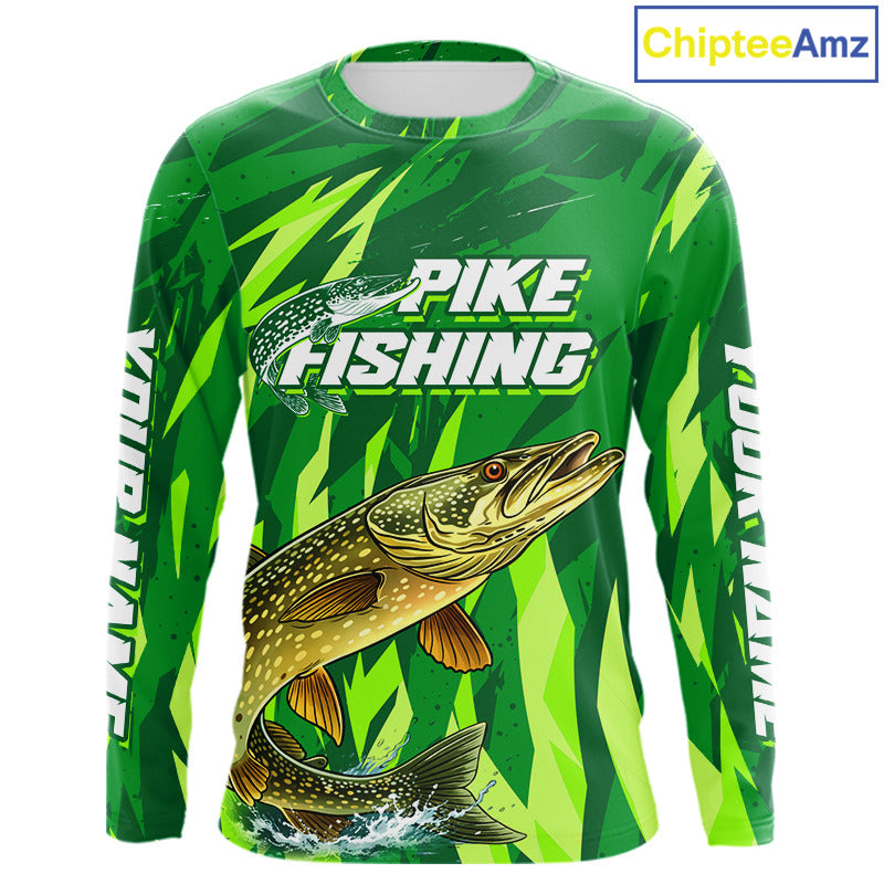 Pike Fishing Shirts Long Sleeve Green Camo Custom Name, Pike Fishing Jerseys For Men NBT408