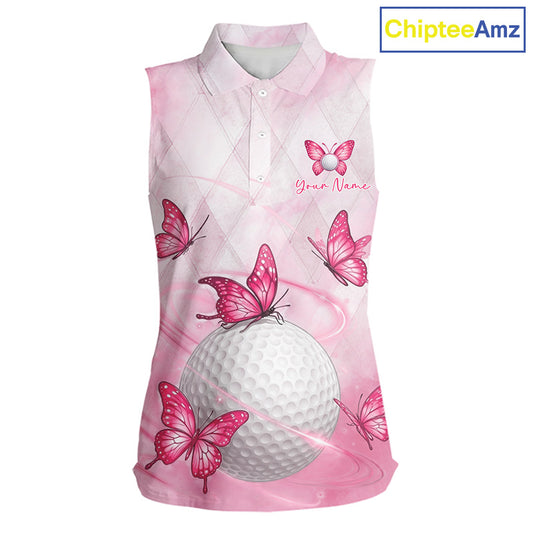 Pink Womens Sleeveless Golf Polo Shirt Custom Butterfly Team Ladies Golf Tops, Golf Gifts NBT596