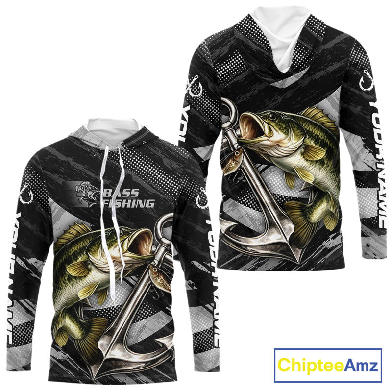 Personalized Bass Long Sleeve Hooded Fishing Shirts Anchor Vector Custom Name Black Camo, Bass Fishing Shirts NBT472