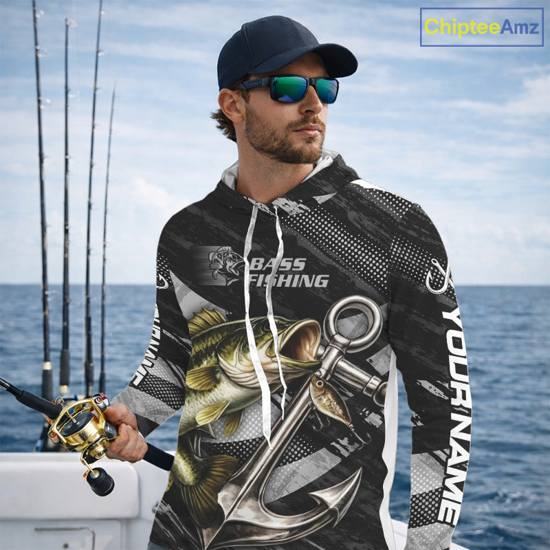 Personalized Bass Long Sleeve Hooded Fishing Shirts Anchor Vector Custom Name Black Camo, Bass Fishing Shirts NBT472