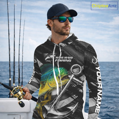 Personalized Mahi Mahi Long Sleeve Hooded Fishing Shirts Anchor Vector Custom Name Black Camo, Saltwater Fishing Shirts NBT473