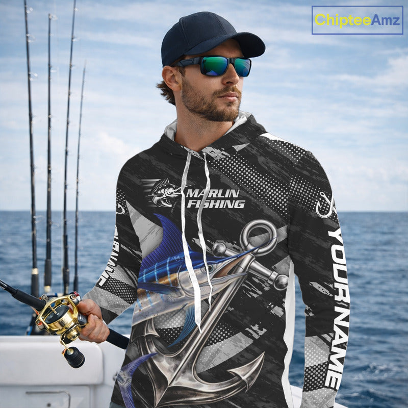 Personalized Marlin Long Sleeve Hooded Fishing Shirts Anchor Vector Custom Name Black Camo, Saltwater Fishing Shirts NBT473