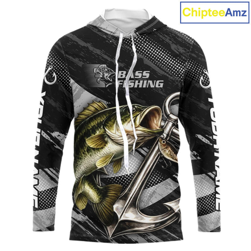 Personalized Bass Long Sleeve Hooded Fishing Shirts Anchor Vector Custom Name Black Camo, Bass Fishing Shirts NBT472