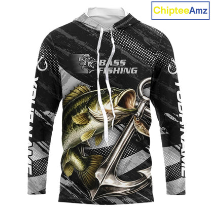 Personalized Bass Long Sleeve Hooded Fishing Shirts Anchor Vector Custom Name Black Camo, Bass Fishing Shirts NBT472