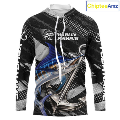 Personalized Marlin Long Sleeve Hooded Fishing Shirts Anchor Vector Custom Name Black Camo, Saltwater Fishing Shirts NBT473
