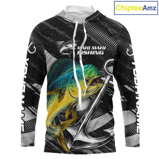 Personalized Mahi Mahi Long Sleeve Hooded Fishing Shirts Anchor Vector Custom Name Black Camo, Saltwater Fishing Shirts NBT473