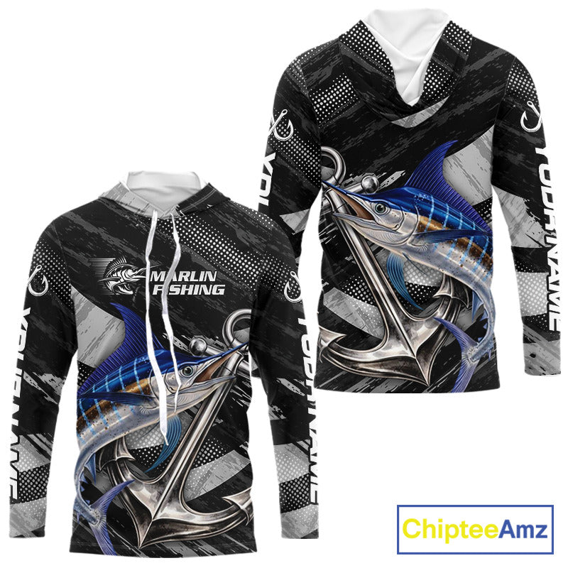 Personalized Marlin Long Sleeve Hooded Fishing Shirts Anchor Vector Custom Name Black Camo, Saltwater Fishing Shirts NBT473