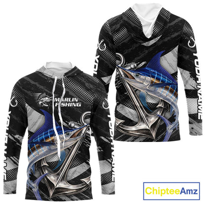 Personalized Marlin Long Sleeve Hooded Fishing Shirts Anchor Vector Custom Name Black Camo, Saltwater Fishing Shirts NBT473