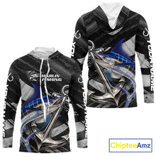 Load image into Gallery viewer, Personalized Marlin Long Sleeve Hooded Fishing Shirts Anchor Vector Custom Name Black Camo, Saltwater Fishing Shirts NBT473