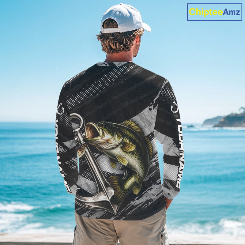 Personalized Bass Fishing Long Sleeve Anchor Vector Custom Name Black Camo, Bass Fishing Shirts NBT472