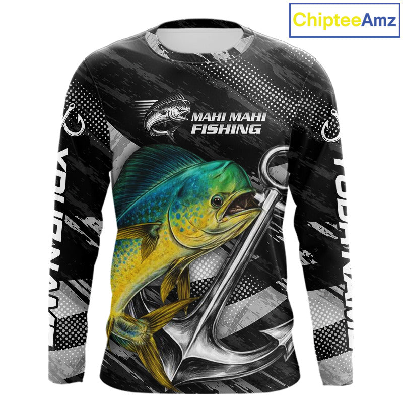 Personalized Mahi Mahi Fishing Long Sleeve Anchor Vector Custom Name Black Camo, Saltwater Fishing Shirts NBT474