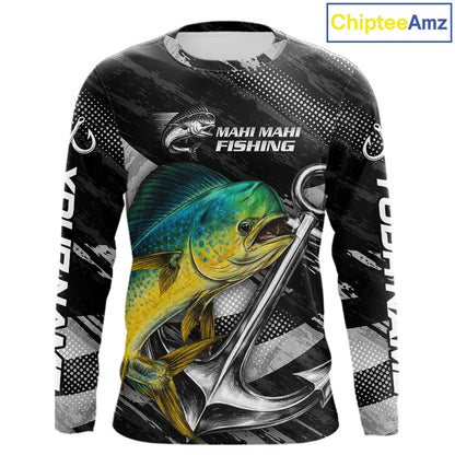 Personalized Mahi Mahi Fishing Long Sleeve Anchor Vector Custom Name Black Camo, Saltwater Fishing Shirts NBT474