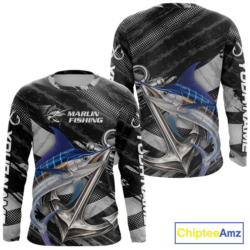 Personalized Marlin Fishing Long Sleeve Anchor Vector Custom Name Black Camo, Saltwater Fishing Shirts NBT473