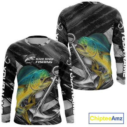 Personalized Mahi Mahi Fishing Long Sleeve Anchor Vector Custom Name Black Camo, Saltwater Fishing Shirts NBT474