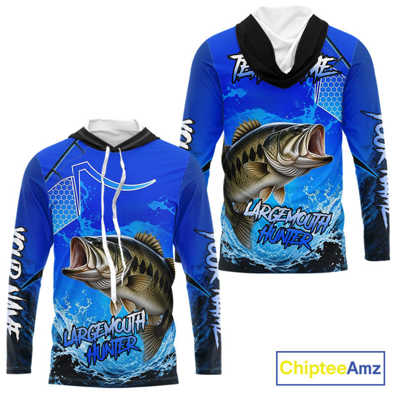 Largemouth Bass Fishing Camo Long Sleeve Hooded Fishing Shirts, Custom Bass Tournament Fishing Jerseys NBT1170