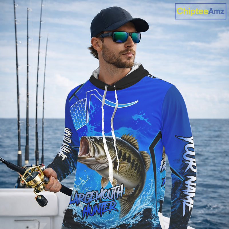 Largemouth Bass Fishing Camo Long Sleeve Hooded Fishing Shirts, Custom Bass Tournament Fishing Jerseys NBT1170