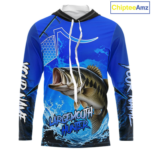 Largemouth Bass Fishing Camo Long Sleeve Hooded Fishing Shirts, Custom Bass Tournament Fishing Jerseys NBT1170