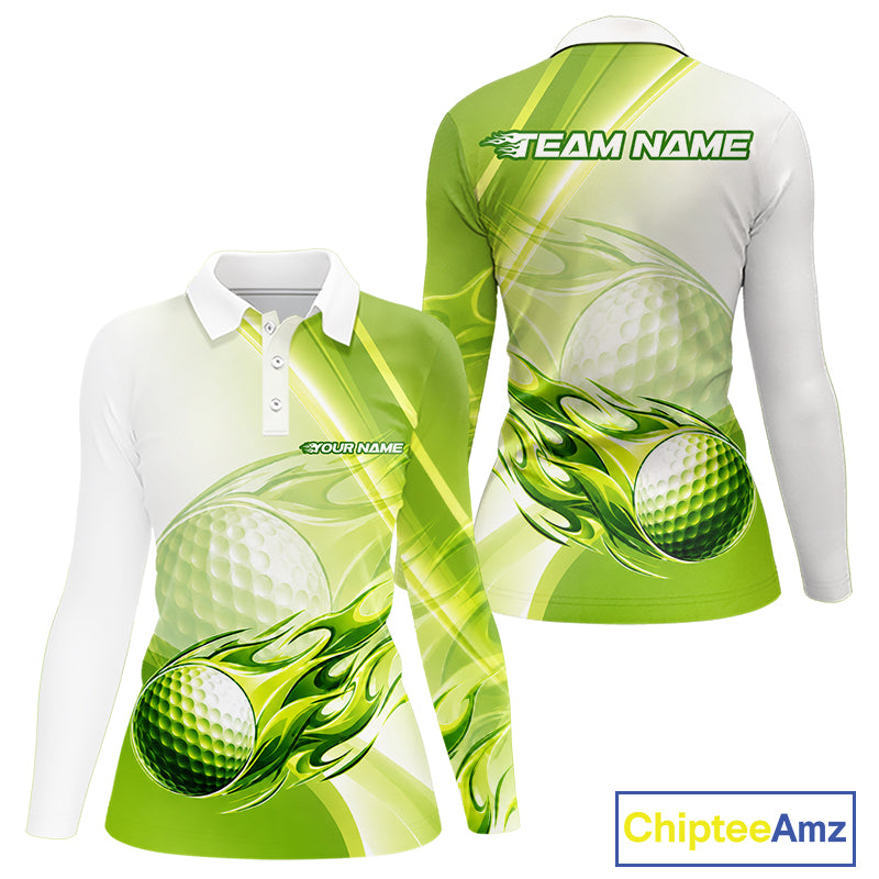 Green Flame Golf Ball Polo Shirts For Women Custom Golf Team Shirts Golfer Outfit NBT983