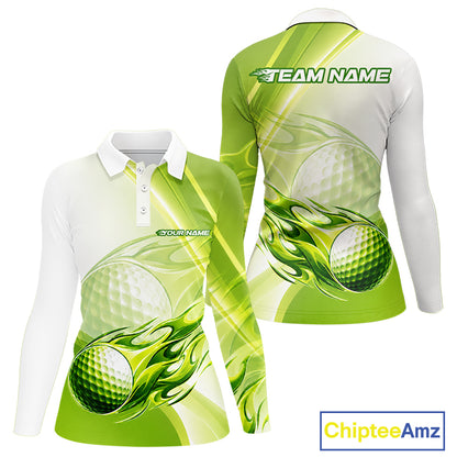 Green Flame Golf Ball Polo Shirts For Women Custom Golf Team Shirts Golfer Outfit NBT983