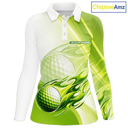 Green Flame Golf Ball Polo Shirts For Women Custom Golf Team Shirts Golfer Outfit NBT983