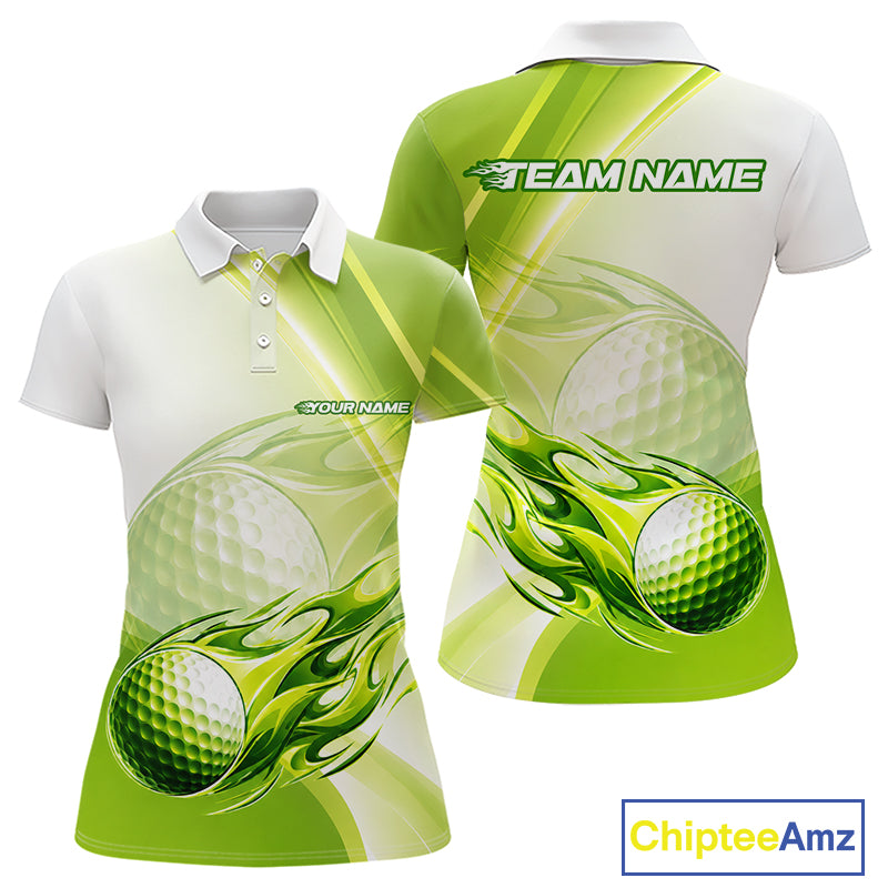 Green Flame Golf Ball Polo Shirts For Women Custom Golf Team Shirts Golfer Outfit NBT983