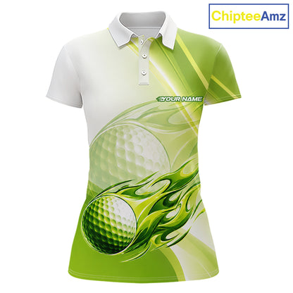 Green Flame Golf Ball Polo Shirts For Women Custom Golf Team Shirts Golfer Outfit NBT983