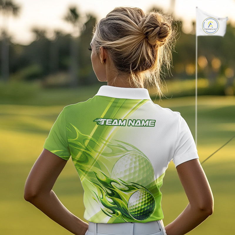 Green Flame Golf Ball Polo Shirts For Women Custom Golf Team Shirts Golfer Outfit NBT983
