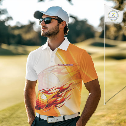 Orange Flame Golf Ball Polo Shirts For Men Custom Golf Team Shirts Golfer Outfit NBT984