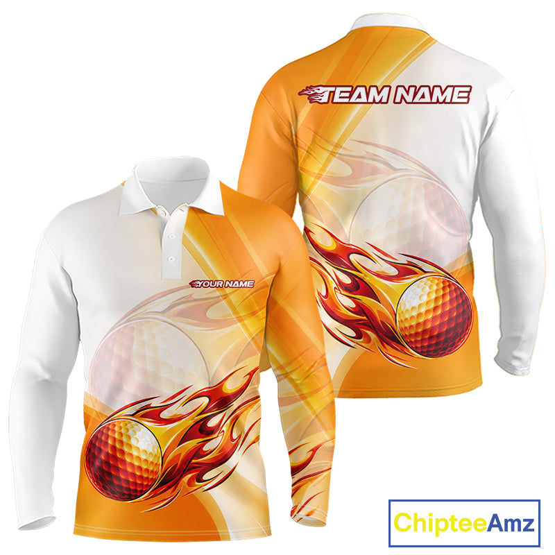 Orange Flame Golf Ball Polo Shirts For Men Custom Golf Team Shirts Golfer Outfit NBT984
