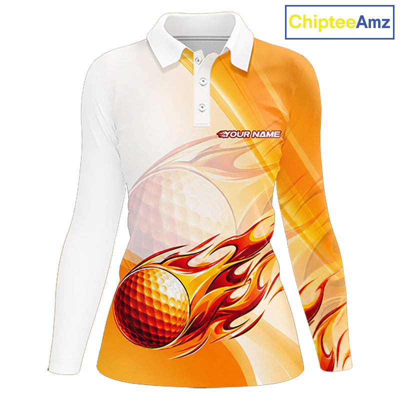 Orange Flame Golf Ball Polo Shirts For Women Custom Golf Team Shirts Golfer Outfit NBT984