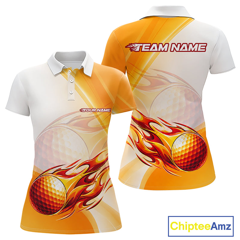 Orange Flame Golf Ball Polo Shirts For Women Custom Golf Team Shirts Golfer Outfit NBT984