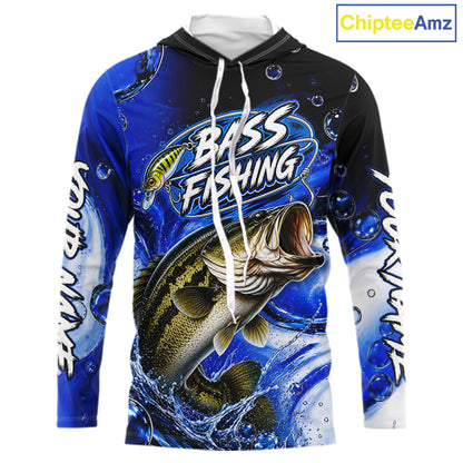 Largemouth Bass Fishing Blue Camo Long Sleeve Hooded Fishing Shirt Custom Bass Fishing Jerseys For Team NBT985